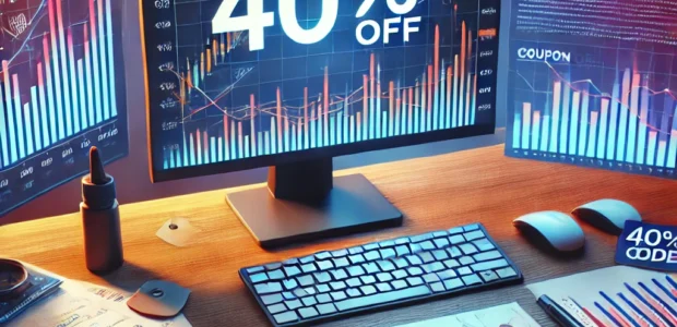 Modern trading desk setup with charts, a coupon tag, and a bold '40% OFF' sign, symbolizing discounts and promo codes for trading platforms.